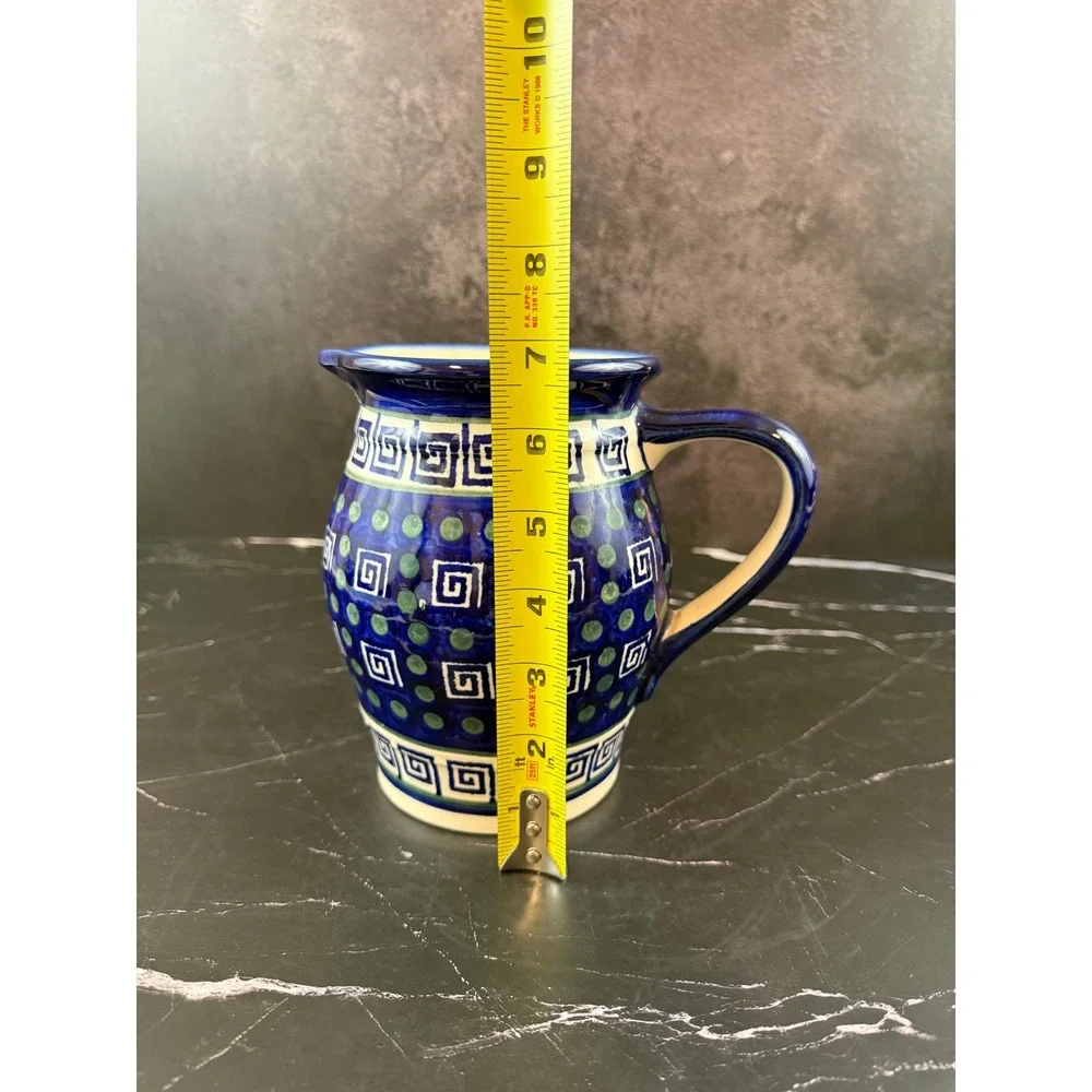 Greek Key Blue Green Stoneware 7in Tall Pitcher Heavy Boleslawiec Polish Style